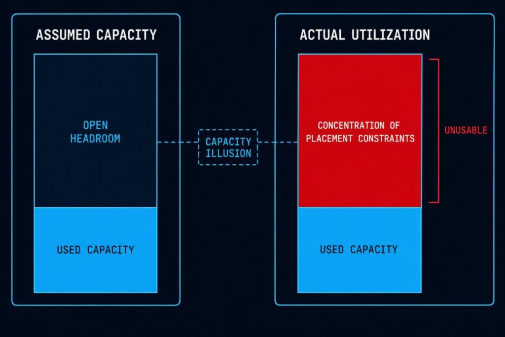 infrastructure architecture review — capacity illusion diagram showing assumed headroom versus actual usable capacity