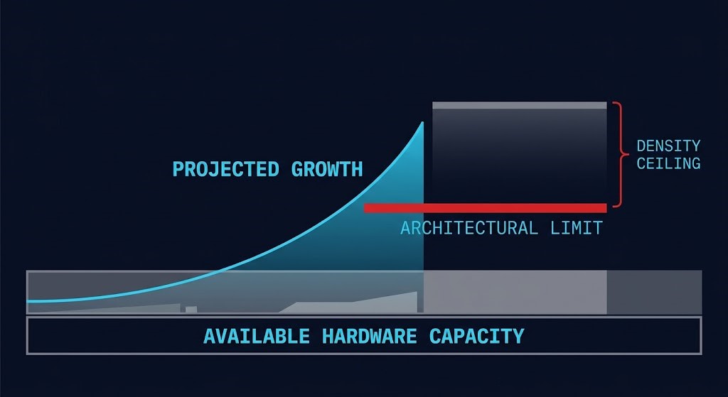 Density ceiling diagram showing infrastructure growth curve stopped by an architectural limit, not a hardware limit