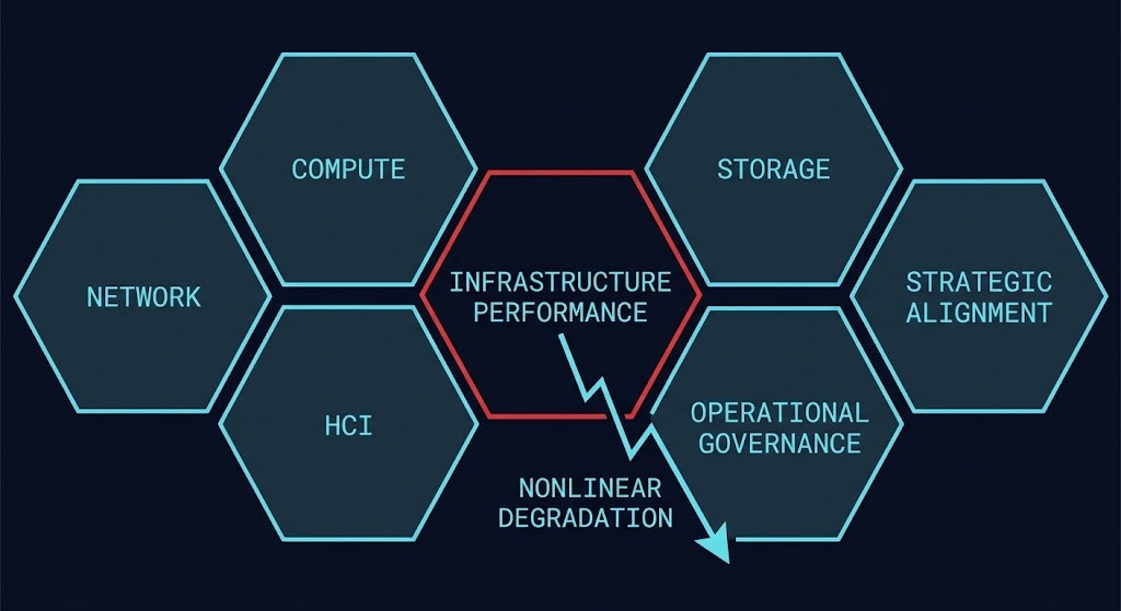 Seven-domain infrastructure architecture scorecard with one domain flagged for nonlinear degradation risk