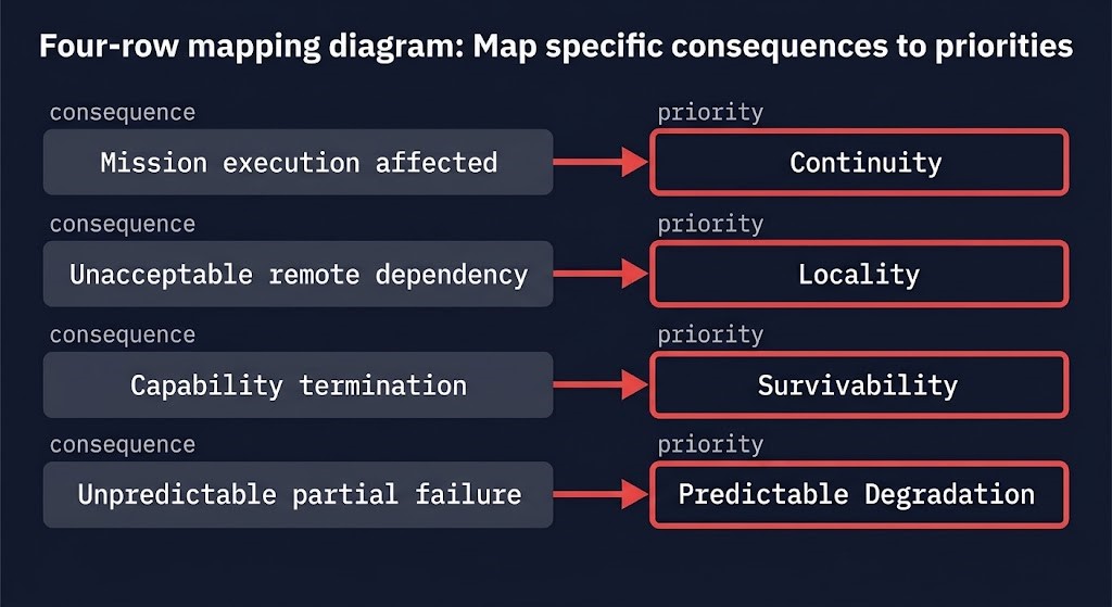 consequence of inference failure mapped to architectural priority — continuity, locality, survivability, predictable degradation