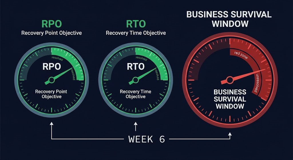 RPO, RTO, and business survival window shown as three diverging clocks