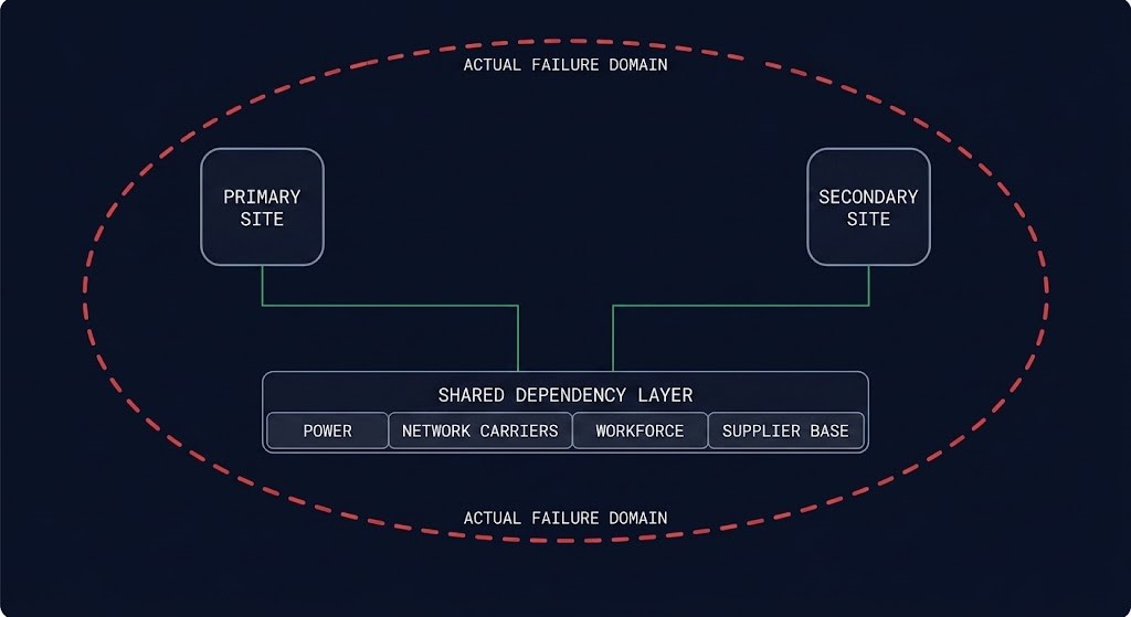 geographic redundancy failure domain — primary and secondary sites sharing power, network, workforce, and supplier dependencies