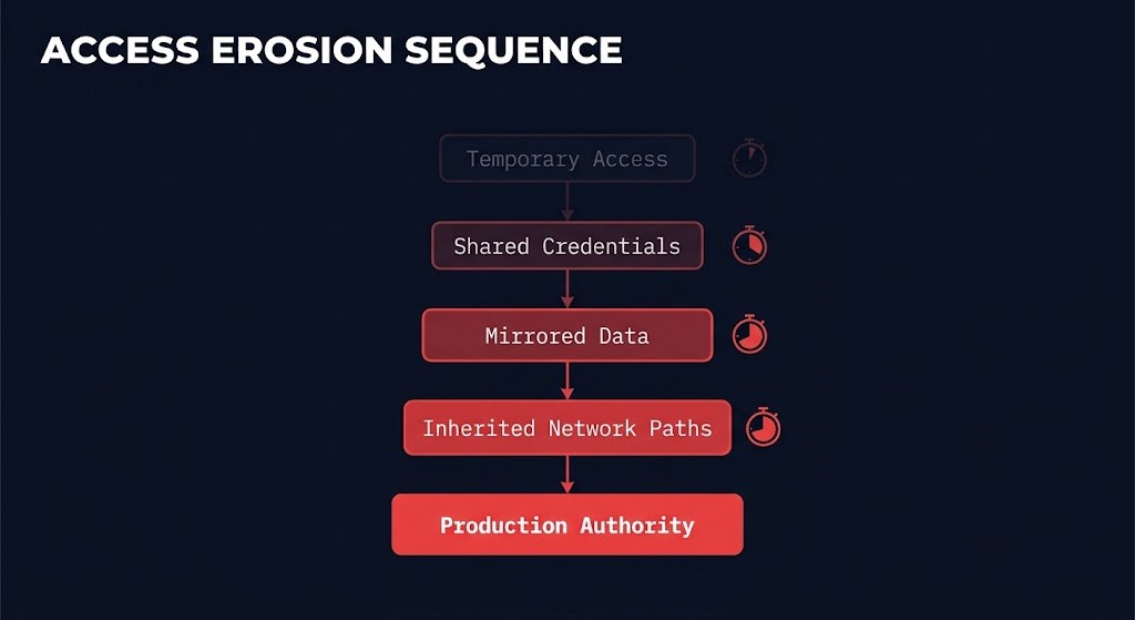 boundary erosion chain from temporary access to production authority
