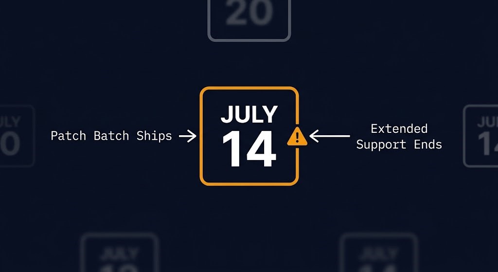SharePoint end-of-support and patch release date collision diagram