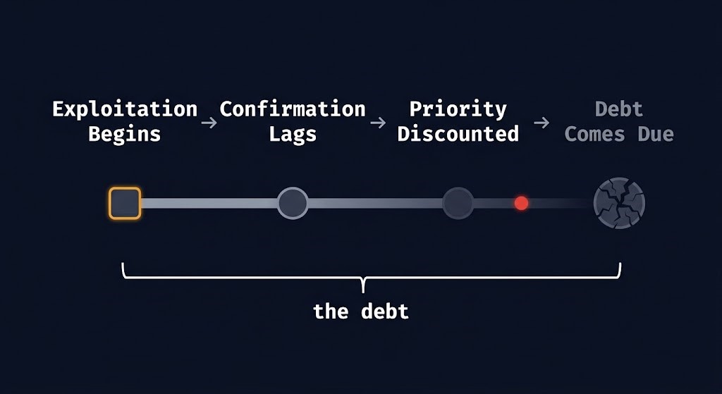 Patch visibility debt mechanism — exploitation to remediation gap diagram