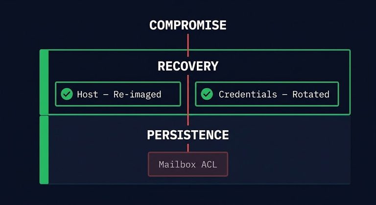 persistent access surviving credential rotation and server rebuild — remediation mismatch diagram