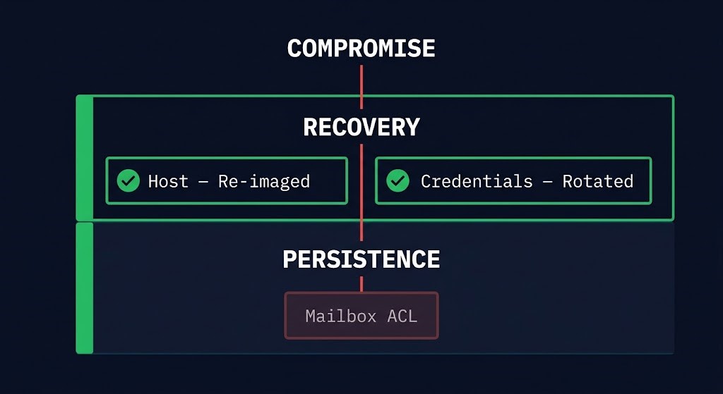 persistent access surviving credential rotation and server rebuild — remediation mismatch diagram