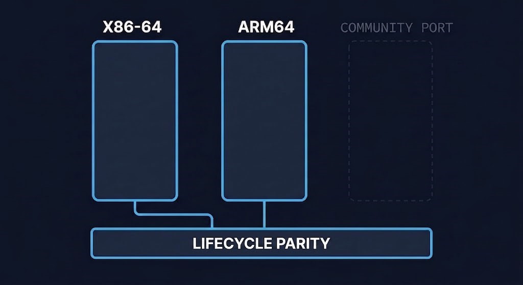 lifecycle parity — split diagram of x86-64 and Arm64 running identical Proxmox lifecycle tracks