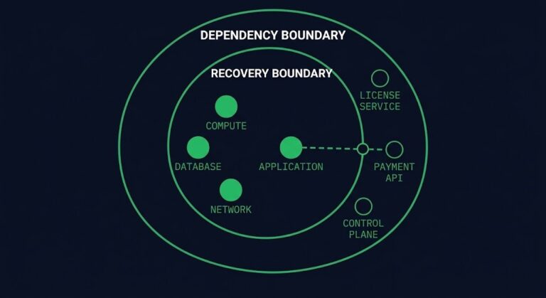 recovery boundary vs. dependency boundary — diverging architecture diagram