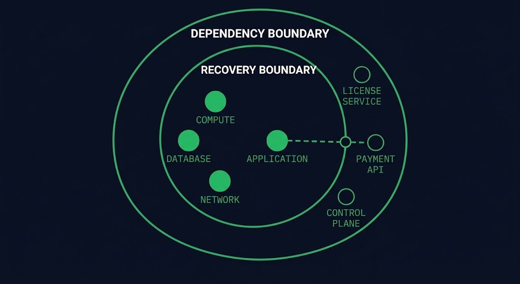 recovery boundary vs. dependency boundary — diverging architecture diagram