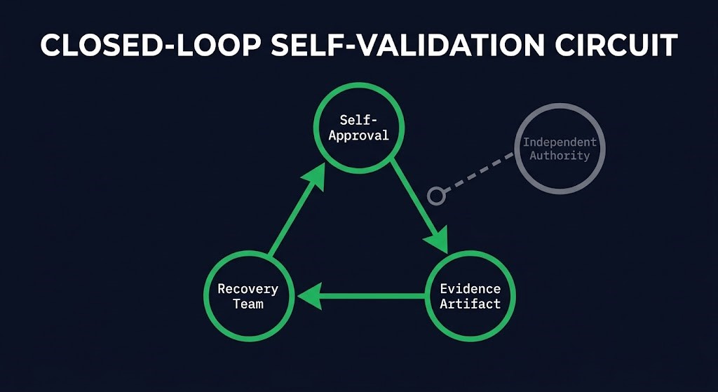 recovery evidence boundary — self-validation loop with no independent authority connection