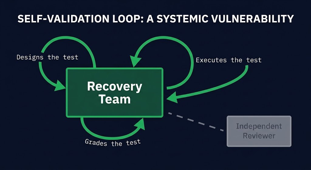 self-validation mechanism — one team designs, executes, and grades its own recovery test