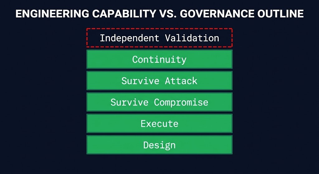 recovery evidence boundary — sovereign validation layer missing above five engineering stages