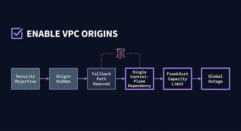 security reliability tradeoffs — the VPC Origins decision chain from security objective to global outage