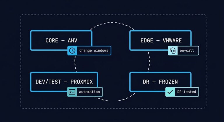virtualization sprawl — four teams, four divergent operational assumptions diagram