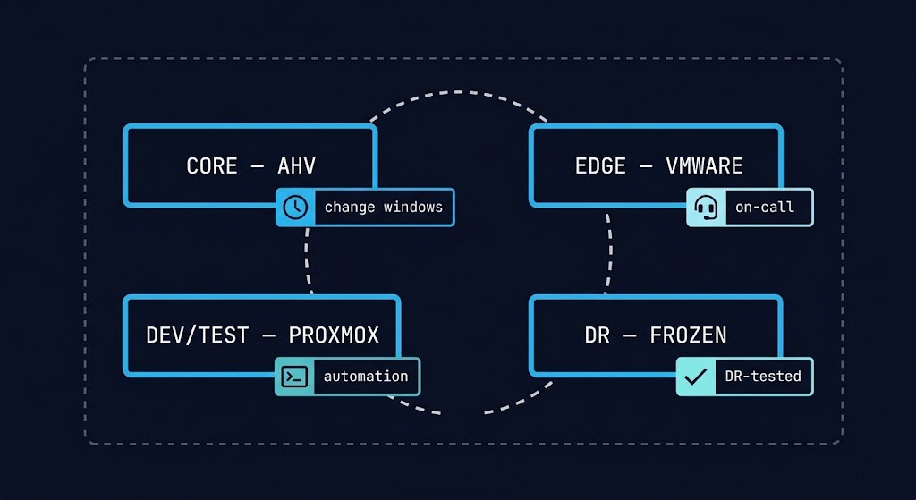 virtualization sprawl — four teams, four divergent operational assumptions diagram