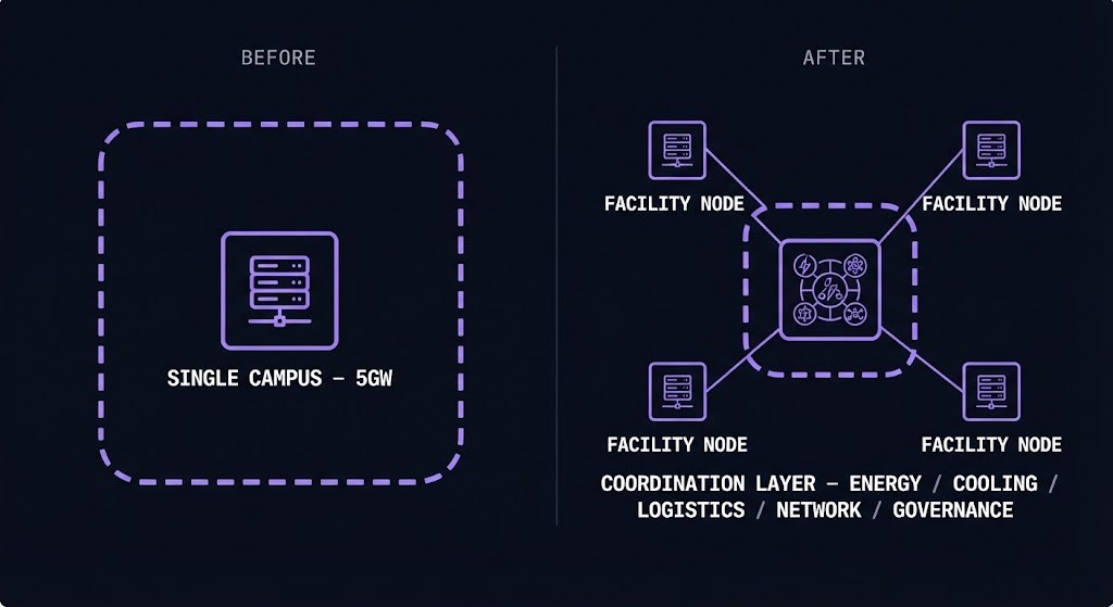 AI as critical infrastructure — single campus versus distributed network with a coordination layer binding the sites