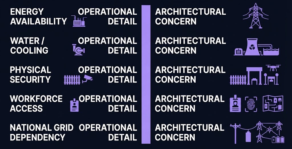 Five architectural domains that shift from operational detail to critical-infrastructure concern at multi-gigawatt AI scale