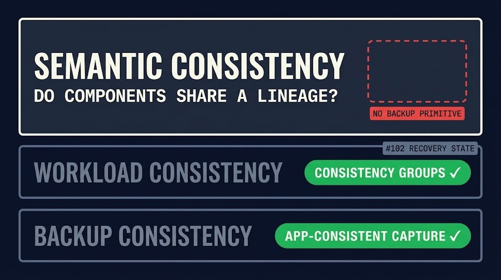 Three layers of consistency — backup, workload, and semantic — with no backup primitive for lineage