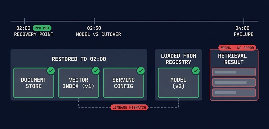 AI workload RPO met — restored components and the registry-loaded model all healthy while the retrieval result is wrong