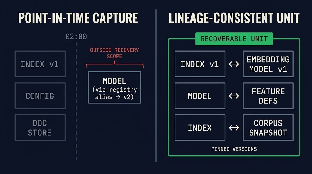 AI workload RPO recoverable unit — point-in-time capture versus a lineage-consistent set