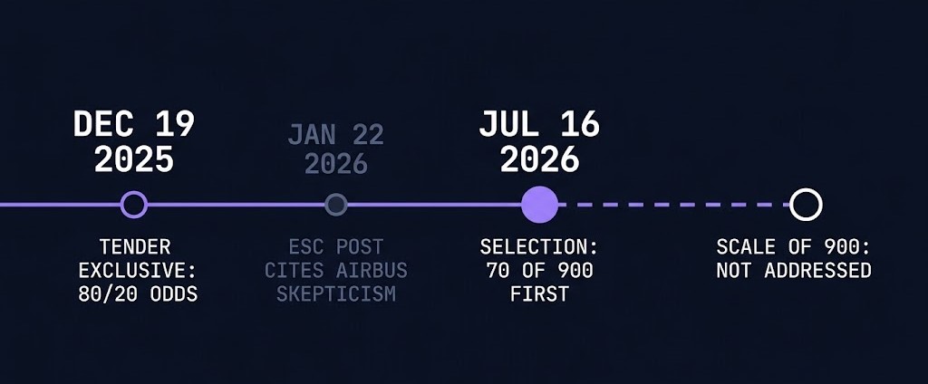 timeline from the December 2025 tender exclusive to the July 2026 Airbus sovereign cloud selection, with the scale of 900 applications marked as not addressed