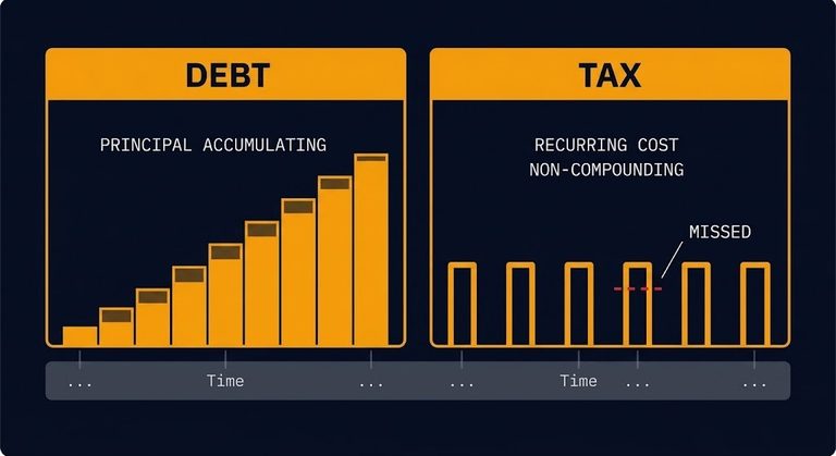 automation validation tax — debt curve vs validation tax, two distinct cost mechanisms compared