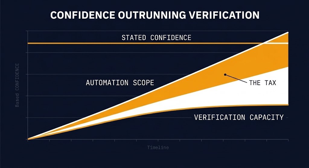 confidence outrunning verification — automation scope vs verification capacity diverging over time