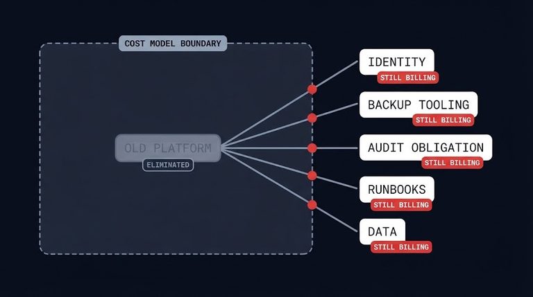 dependency residue — an eliminated platform inside the cost model boundary while identity, backup, audit, runbook, and data dependency lines still cross it to live systems