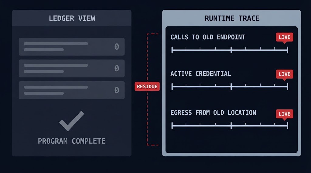 dependency residue found at closure review — the ledger reports zero while a runtime trace still shows live calls, active credentials, and ongoing egress