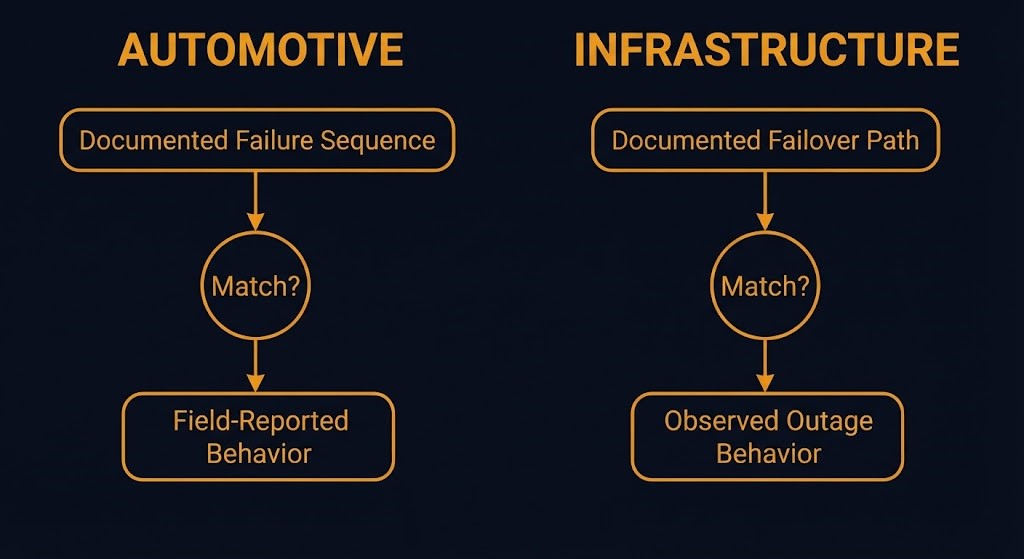 Comparing automotive failure-path verification to infrastructure failover verification