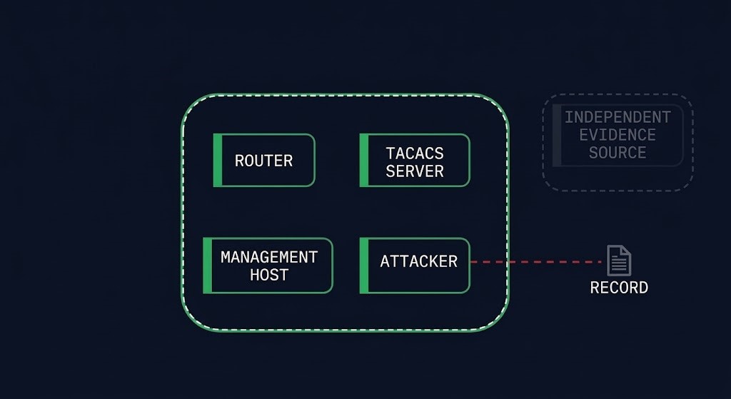 evidence layer — router, TACACS server, and management host inside the same trust boundary as the attacker