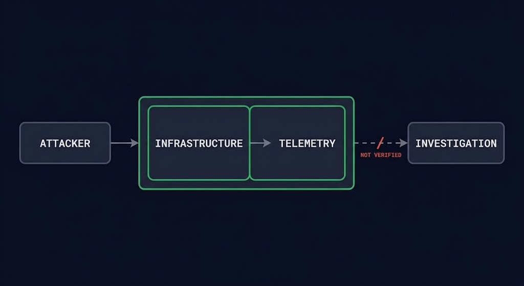 attacker to infrastructure to telemetry to investigation chain, showing where independence breaks