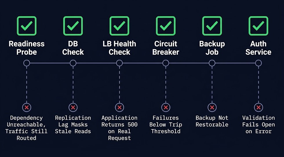 Six false-positive signal patterns — readiness probe, DB check, LB health check, circuit breaker, backup job, auth service