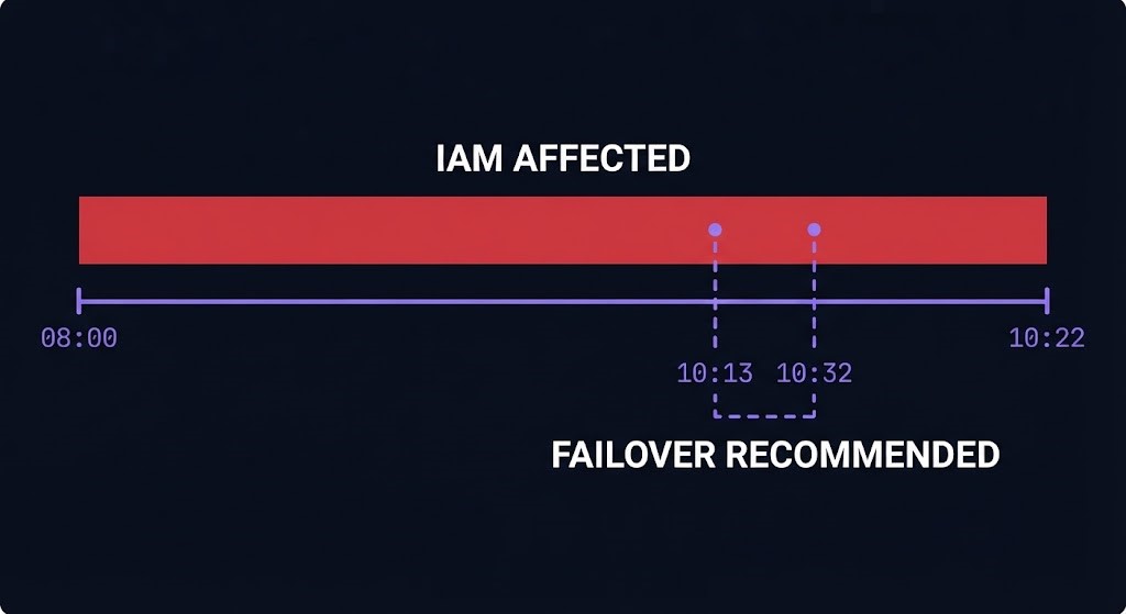 incident timeline showing IAM impact overlapping Google's regional failover recommendation