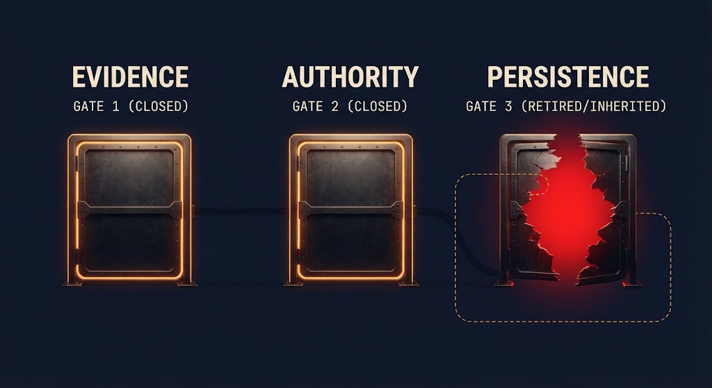 Governance control retirement path showing evidence, authority, and persistence
