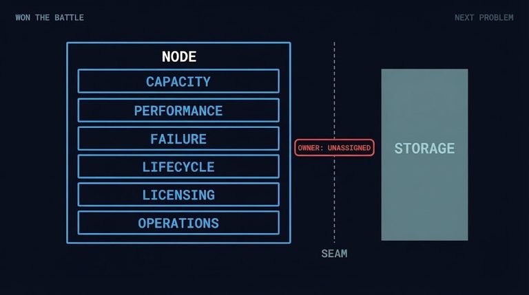 hyperconverged infrastructure — storage separating from the node with the ownership seam left unassigned