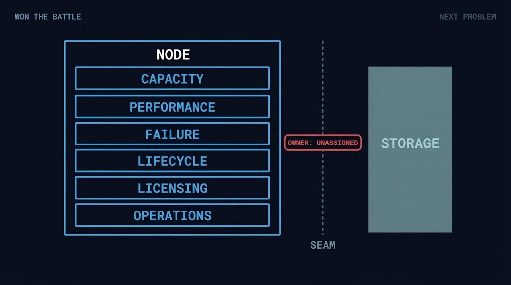 hyperconverged infrastructure — storage separating from the node with the ownership seam left unassigned