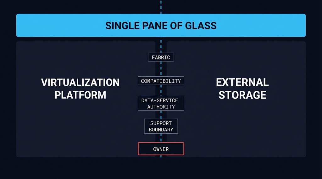 single pane of glass above a returning storage seam with four responsibilities and no named owner