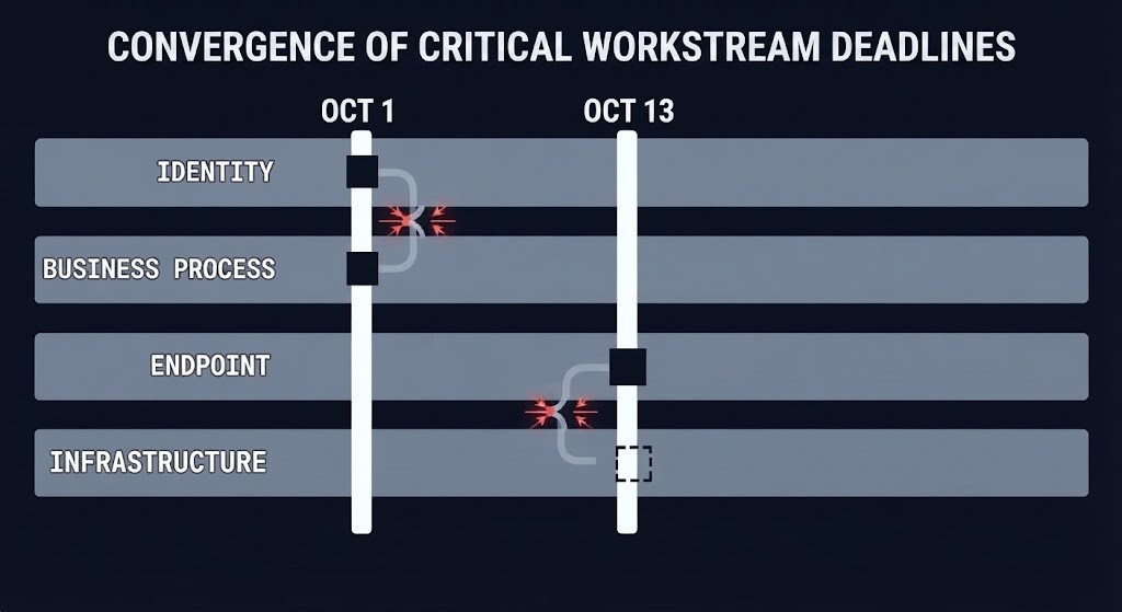 Convergence calendar showing Identity and Business Process colliding Oct 1 and Endpoint and Infrastructure colliding Oct 13