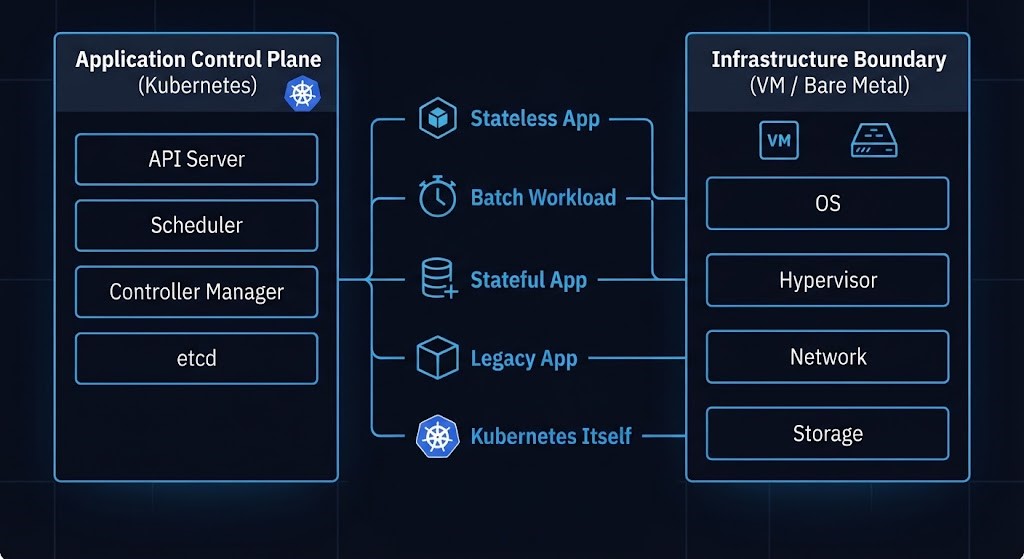 division of labor between Kubernetes control plane and virtualization infrastructure boundary by workload type