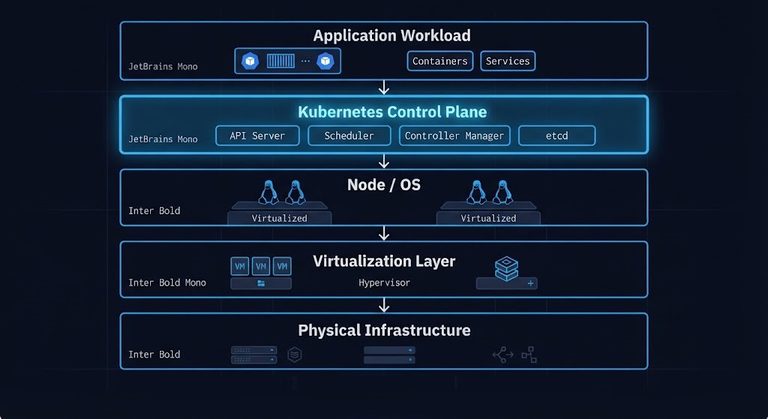 kubernetes virtual machines — layered stack diagram showing application control plane above infrastructure virtualization