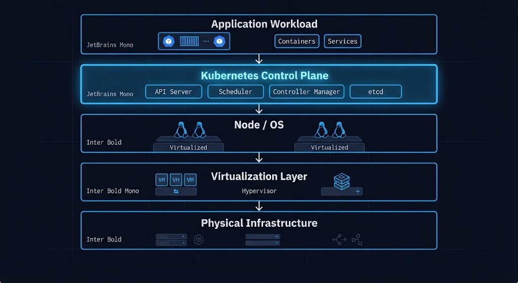 kubernetes virtual machines — layered stack diagram showing application control plane above infrastructure virtualization