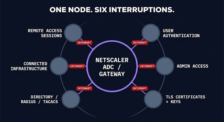 NetScaler compromise response diagram: one appliance node with six dependent controls, each connection tagged INTERRUPT