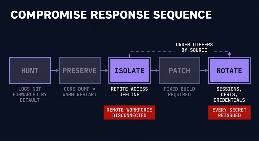 Five-step response sequence of hunt, preserve, isolate, patch and rotate, each annotated with the service it interrupts