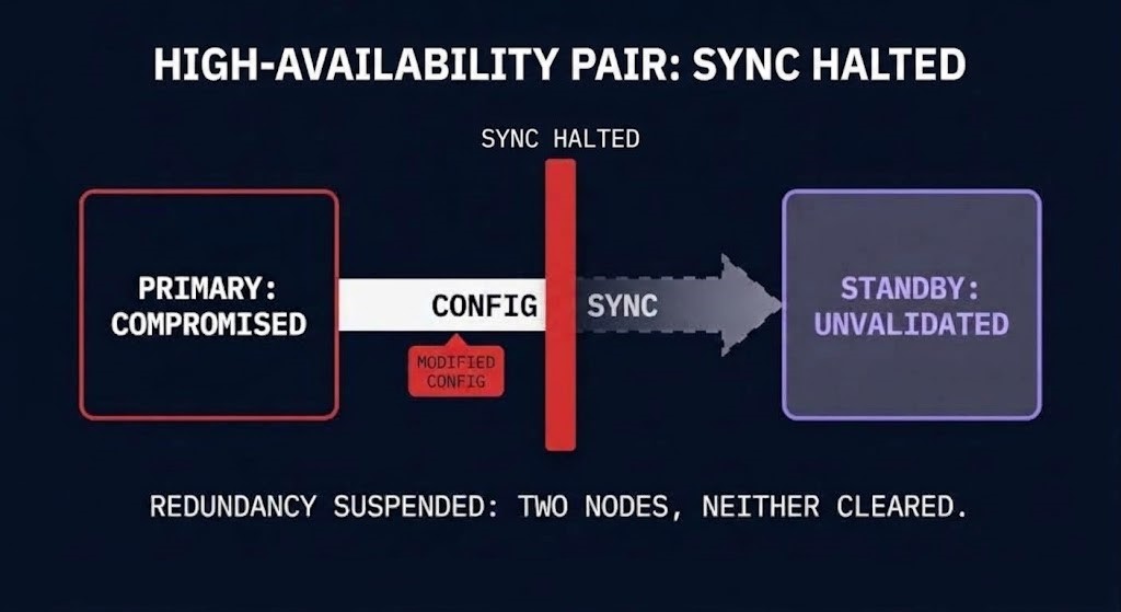 High-availability NetScaler pair with configuration synchronization halted so modified configuration cannot reach the standby