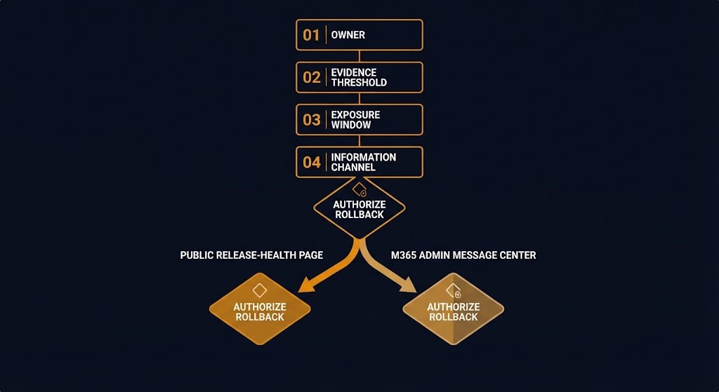 Rollback decision surface — owner, evidence threshold, exposure window, information channel