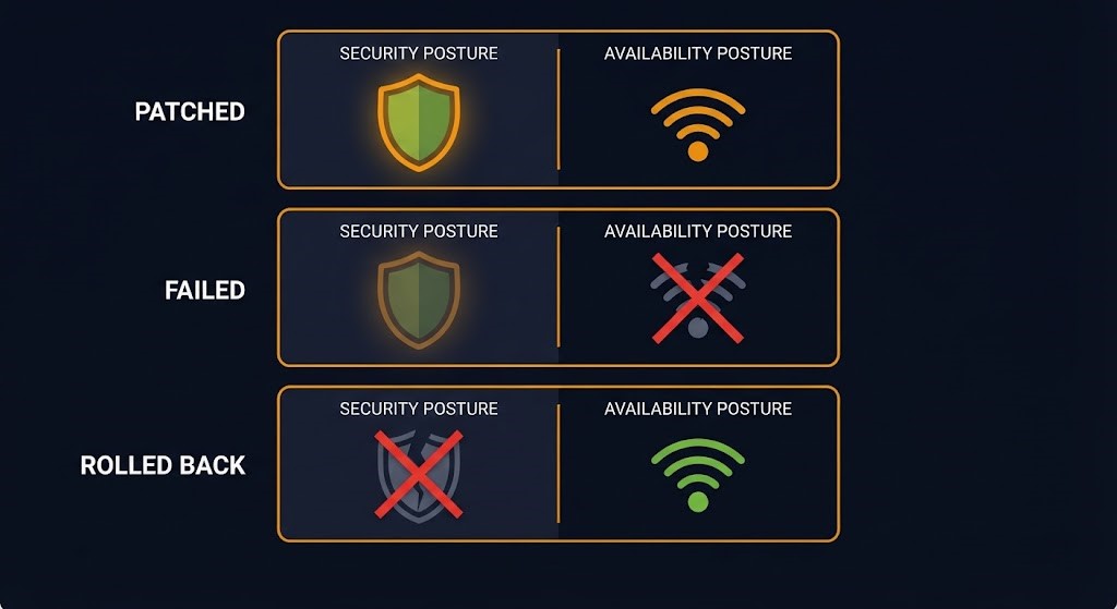 Patched, Failed, Rolled Back — security posture versus availability posture across three states