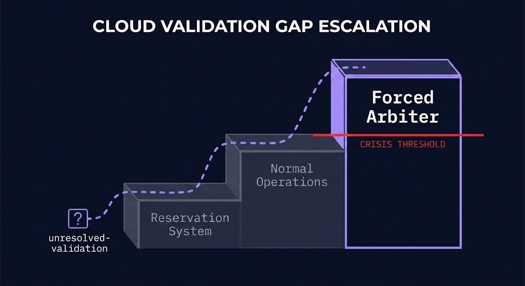 forced arbiter escalation diagram — deferred validation becomes someone else's crisis