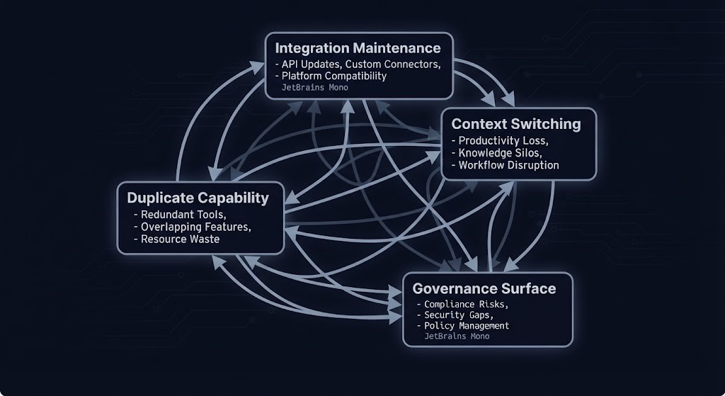 tool sprawl compounding model — four cumulative cost categories, not additive